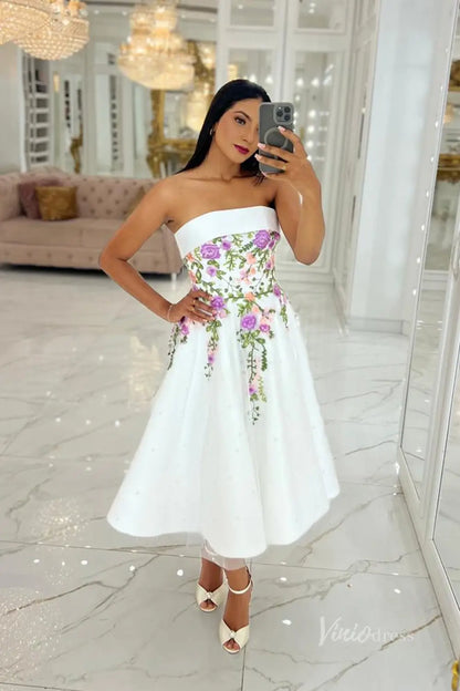 Charming Floral Embroidered Midi Wedding Dress with Strapless Neckline & Pearl-Beaded Skirt – FW251-wedding dresses 2025 -Viniodress-Ivory-Custom Size-