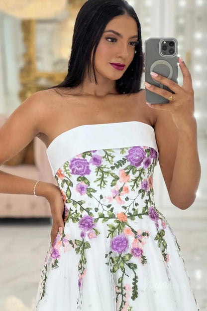 Charming Floral Embroidered Midi Wedding Dress with Strapless Neckline & Pearl-Beaded Skirt – FW251-wedding dresses 2025 -Viniodress-Ivory-Custom Size-