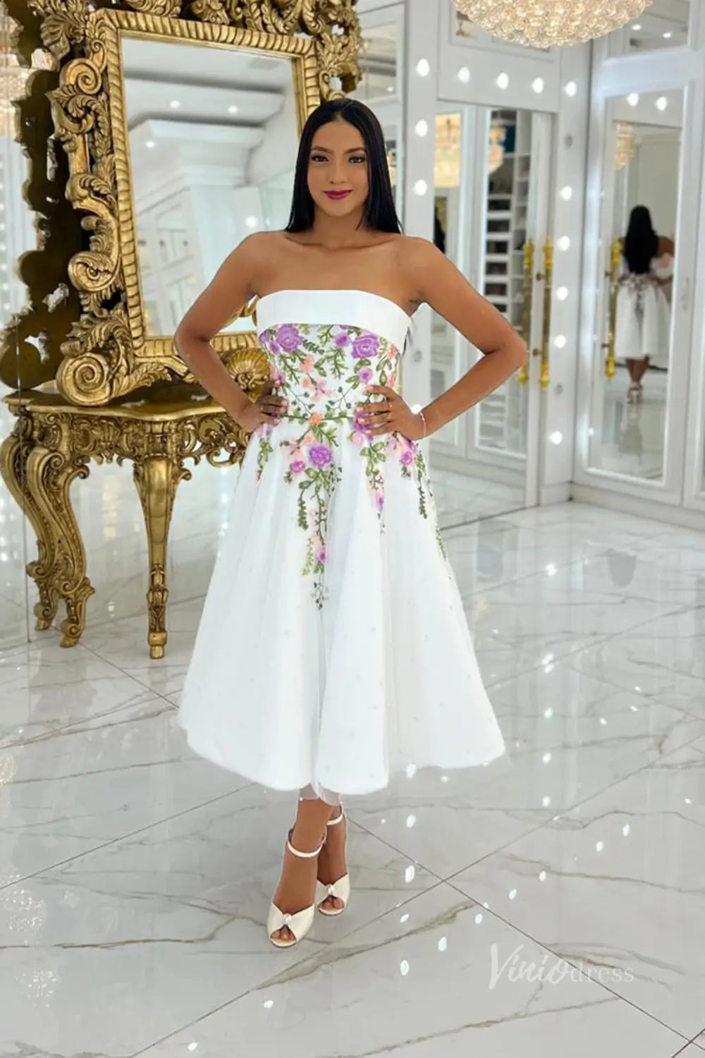 Charming Floral Embroidered Midi Wedding Dress with Strapless Neckline & Pearl-Beaded Skirt – FW251-wedding dresses 2025 -Viniodress-Ivory-Custom Size-