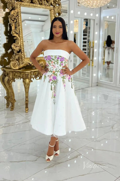 Charming Floral Embroidered Midi Wedding Dress with Strapless Neckline & Pearl-Beaded Skirt – FW251-wedding dresses 2025 -Viniodress-Ivory-Custom Size-