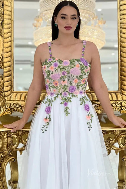 Charming Floral Embroidered Tea-Length Wedding Dress with Sheer Corset Bodice, Spaghetti Straps & Lace-Up Back – FW248-wedding dresses 2025 -Viniodress-White-Custom Size-