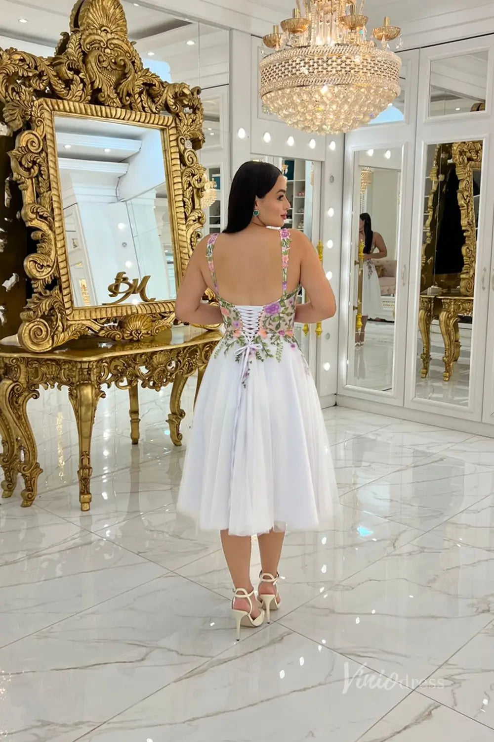 Charming Floral Embroidered Tea-Length Wedding Dress with Sheer Corset Bodice, Spaghetti Straps & Lace-Up Back – FW248-wedding dresses 2025 -Viniodress-White-Custom Size-