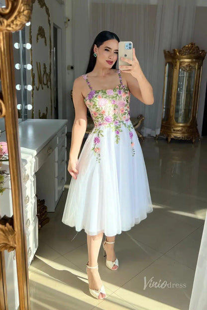 Charming Floral Embroidered Tea-Length Wedding Dress with Sheer Corset Bodice, Spaghetti Straps & Lace-Up Back – FW248-wedding dresses 2025 -Viniodress-White-Custom Size-