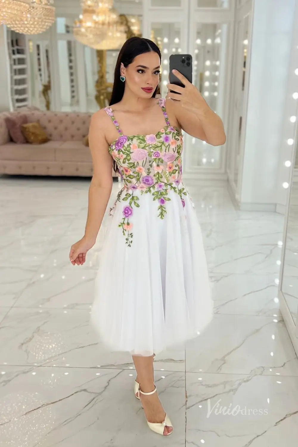 Charming Floral Embroidered Tea-Length Wedding Dress with Sheer Corset Bodice, Spaghetti Straps & Lace-Up Back – FW248-wedding dresses 2025 -Viniodress-White-Custom Size-