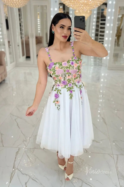 Charming Floral Embroidered Tea-Length Wedding Dress with Sheer Corset Bodice, Spaghetti Straps & Lace-Up Back – FW248-wedding dresses 2025 -Viniodress-White-Custom Size-