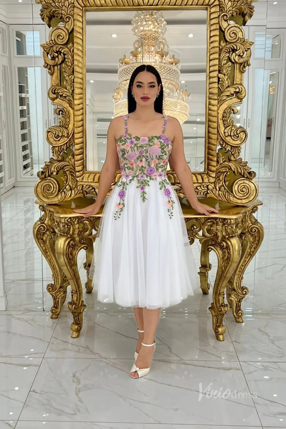 Charming Floral Embroidered Tea-Length Wedding Dress with Sheer Corset Bodice, Spaghetti Straps & Lace-Up Back – FW248-wedding dresses 2025 -Viniodress-White-Custom Size-