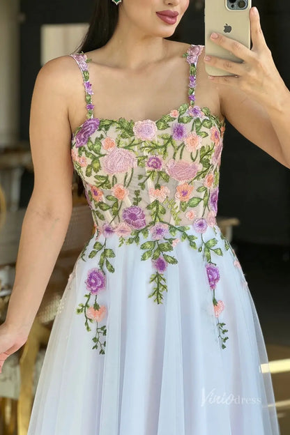 Charming Floral Embroidered Tea-Length Wedding Dress with Sheer Corset Bodice, Spaghetti Straps & Lace-Up Back – FW248-wedding dresses 2025 -Viniodress-White-Custom Size-