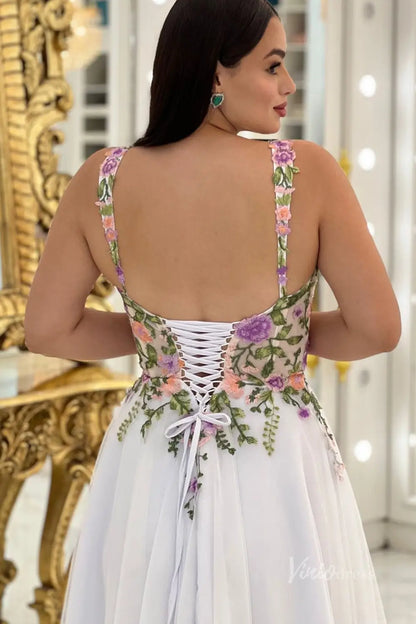 Charming Floral Embroidered Tea-Length Wedding Dress with Sheer Corset Bodice, Spaghetti Straps & Lace-Up Back – FW248-wedding dresses 2025 -Viniodress-White-Custom Size-