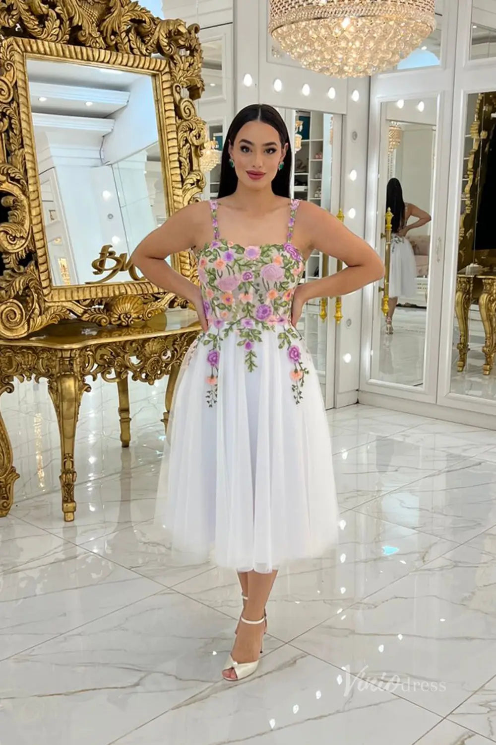 Charming Floral Embroidered Tea-Length Wedding Dress with Sheer Corset Bodice, Spaghetti Straps & Lace-Up Back – FW248-wedding dresses 2025 -Viniodress-White-Custom Size-