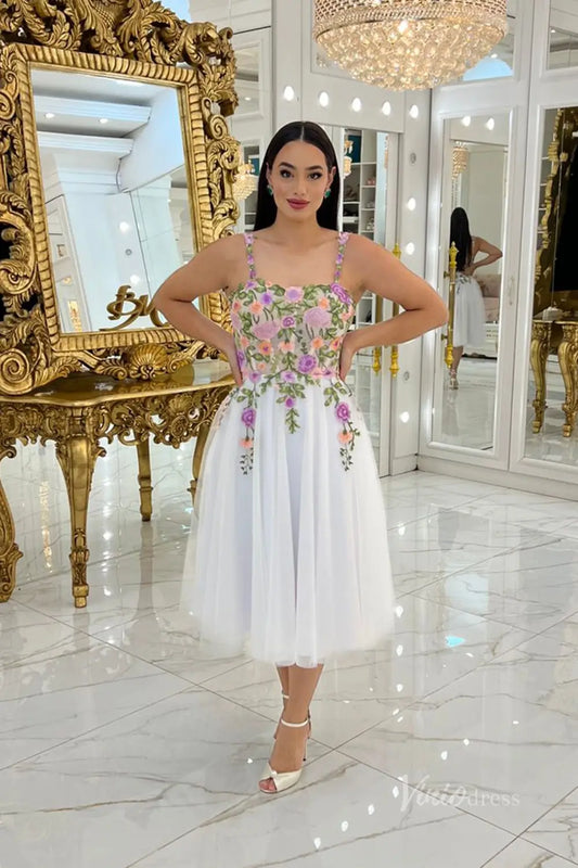 Charming Floral Embroidered Tea-Length Wedding Dress with Sheer Corset Bodice, Spaghetti Straps & Lace-Up Back – FW248-wedding dresses 2025 -Viniodress-White-Custom Size-