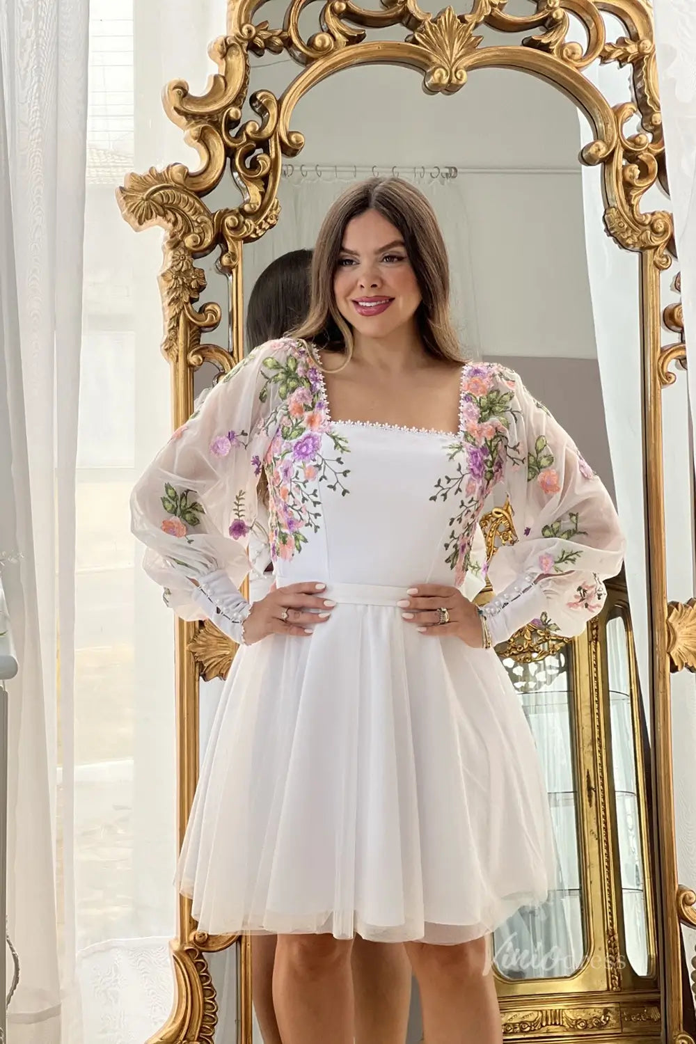 Charming White Floral Embroidered Short Wedding Dress with Square Neckline & Sheer Bishop Sleeves – FW242S-wedding dresses 2025 -Viniodress-White-Custom Size-
