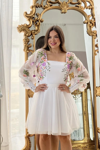 Charming White Floral Embroidered Short Wedding Dress with Square Neckline & Sheer Bishop Sleeves – FW242S-wedding dresses 2025 -Viniodress-White-Custom Size-