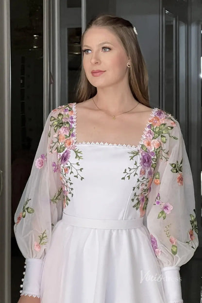 Charming White Floral Embroidered Short Wedding Dress with Square Neckline & Sheer Bishop Sleeves – FW242S-wedding dresses 2025 -Viniodress-White-Custom Size-