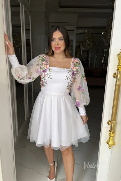 Charming White Floral Embroidered Short Wedding Dress with Square Neckline & Sheer Bishop Sleeves – FW242S-wedding dresses 2025 -Viniodress-White-Custom Size-