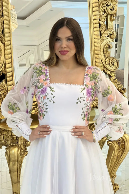 Charming White Floral Embroidered Short Wedding Dress with Square Neckline & Sheer Bishop Sleeves – FW242S-wedding dresses 2025 -Viniodress-White-Custom Size-