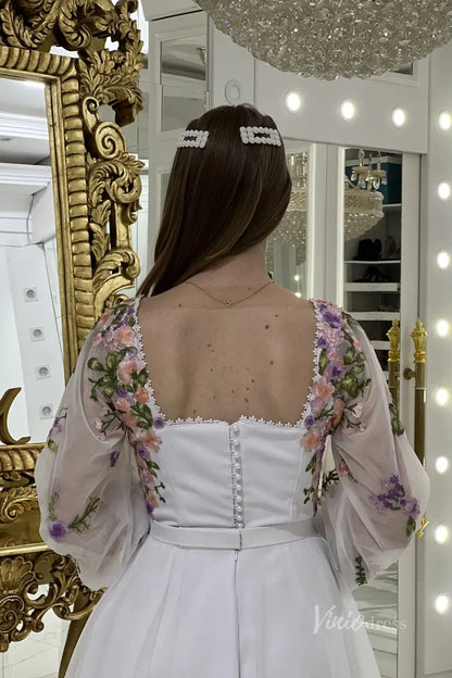 Charming White Floral Embroidered Short Wedding Dress with Square Neckline & Sheer Bishop Sleeves – FW242S-wedding dresses 2025 -Viniodress-White-Custom Size-