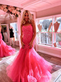 Cheap Hot Pink Lace Appliqued Mermaid Prom Dresses Spaghetti Strap FD3658