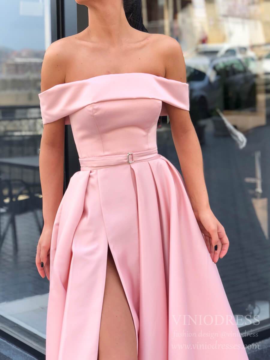 Prom Dress 2025 Cheap Off the Shoulder Pink Satin Prom Dresses with Belt FD2270-unique prom dresses-Pink-Custom Size-Viniodress