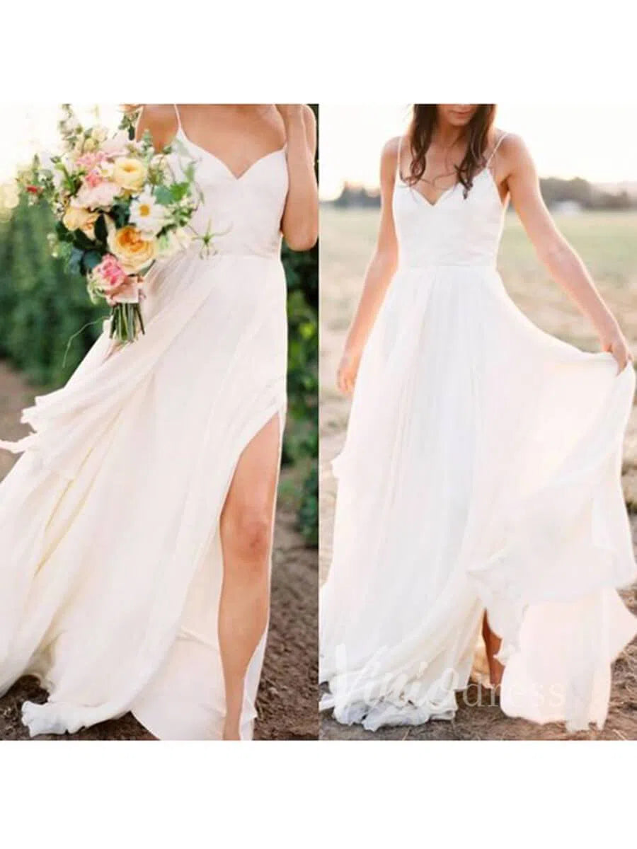 Cheap Spaghetti Strap Chiffon Beach Wedding Dresses with Slit VW1248-wedding dresses-Viniodress-Viniodress