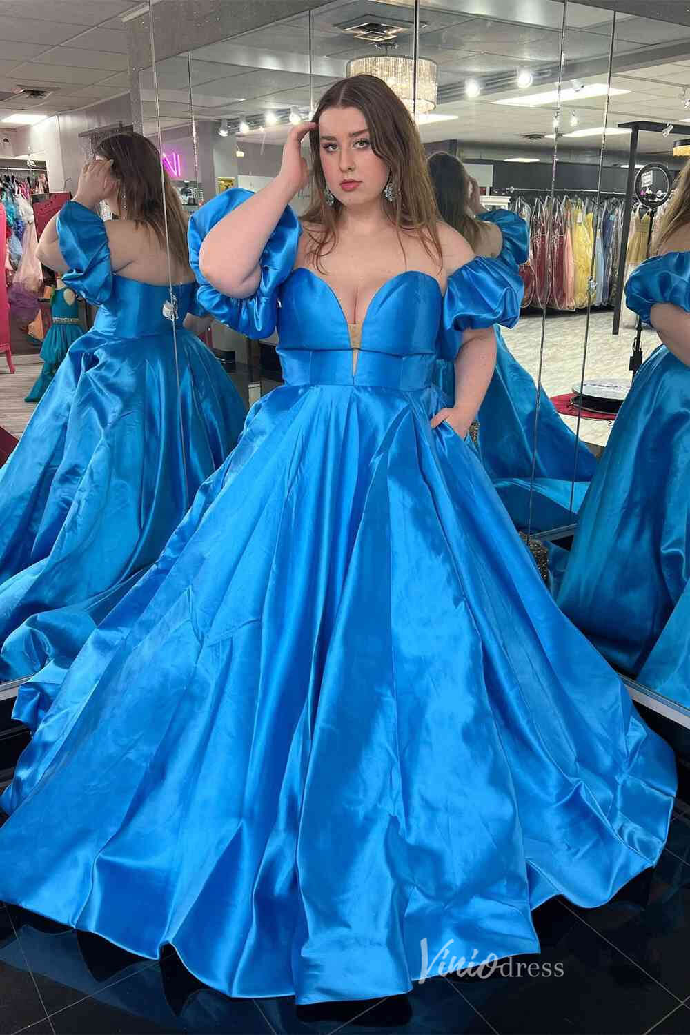 Cheap Strapless Satin Prom Dresses with Slit, Removable Puffed Sleeve FD4092-prom dresses-Viniodress-Light Blue-Custom Size-Viniodress