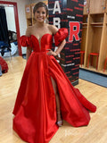 Cheap Strapless Satin Prom Dresses with Slit, Removable Puffed Sleeve FD4092-prom dresses-Viniodress-Red-Custom Size-Viniodress