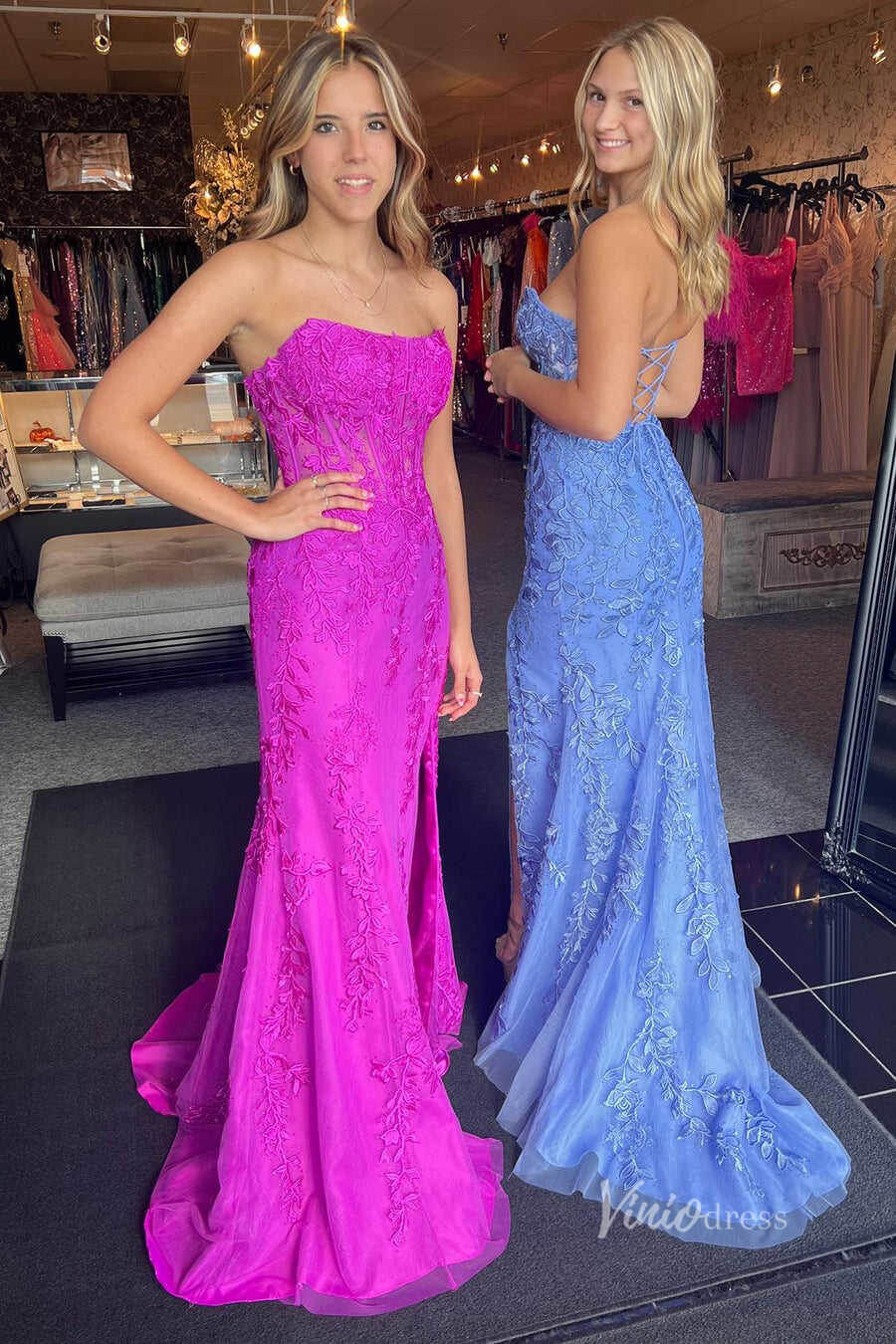 Cheap Strapless Sheath Lace Prom Dresses with Slit Lace-up Back FD1250P-prom dresses-Viniodress-Viniodress