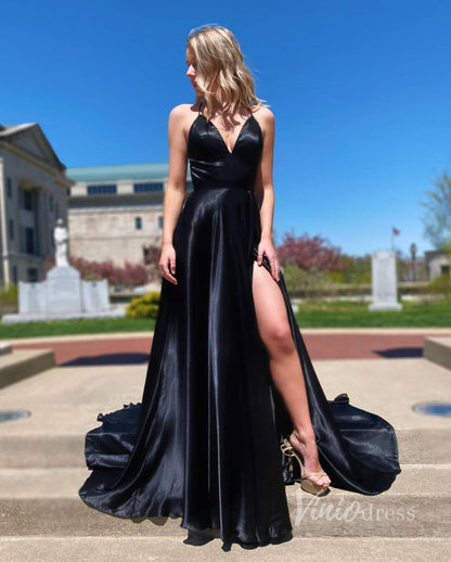 Chic A-line Satin Prom Dress Simple Formal Dress with Pockets FD1822B-prom dresses 2025 -Viniodress-Black-Custom Size-