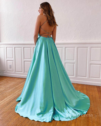 Chic A-line Satin Prom Dress Simple Formal Dress with Pockets FD1822B-prom dresses 2025 -Viniodress-Tiffany Blue-Custom Size-