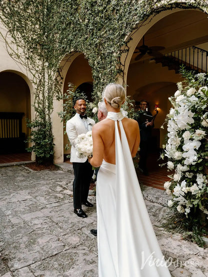 Chic Crepe Wedding Dress with Halter Neck, Basque Waist, Plunging Neckline, Open Back, Flowing Train – MN104-wedding dresses 2025 -Viniodress-Ivory-Custom Size-