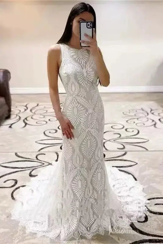 Chic Ivory Lace Mermaid Wedding Dress with Bateau Neckline, Open Back & Scalloped Sweep Train – BH115-wedding dresses 2025 -Viniodress-Ivory-Custom Size-