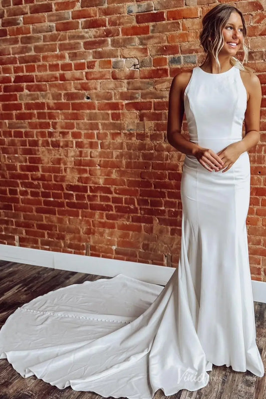 Chic Minimalist Crepe Mermaid Wedding Dress with High Halter Neck, Open Back & Button Chapel Train – MN152