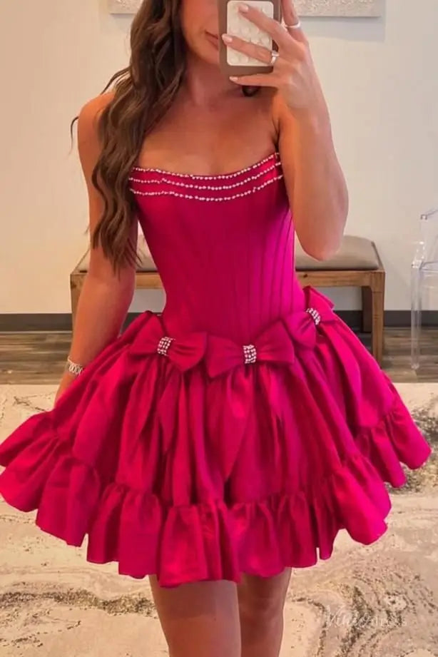 Chic Strapless Mini Homecoming Dress with Rhinestone Satin Bows, Fitted Corset Bodice, and Ruffle Hem – H1141-Homecoming Dresses 2025 -Viniodress-Pink-Custom Size-