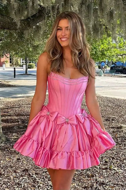 Chic Strapless Mini Homecoming Dress with Rhinestone Satin Bows, Fitted Corset Bodice, and Ruffle Hem – H1141-Homecoming Dresses 2025 -Viniodress-Pink-Custom Size-
