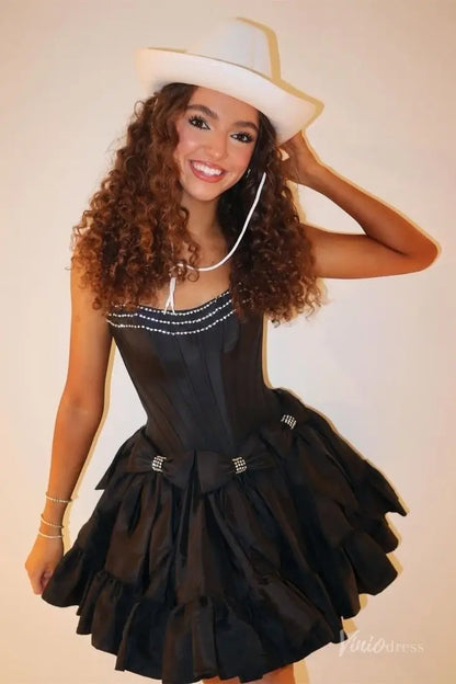 Chic Strapless Mini Homecoming Dress with Rhinestone Satin Bows, Fitted Corset Bodice, and Ruffle Hem – H1141-Homecoming Dresses 2025 -Viniodress-Pink-Custom Size-