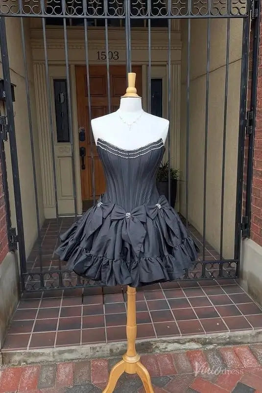 Chic Strapless Mini Homecoming Dress with Rhinestone Satin Bows, Fitted Corset Bodice, and Ruffle Hem – H1141-Homecoming Dresses 2025 -Viniodress-Pink-Custom Size-