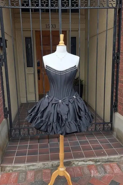 Chic Strapless Mini Homecoming Dress with Rhinestone Satin Bows, Fitted Corset Bodice, and Ruffle Hem – H1141-Homecoming Dresses 2025 -Viniodress-Pink-Custom Size-