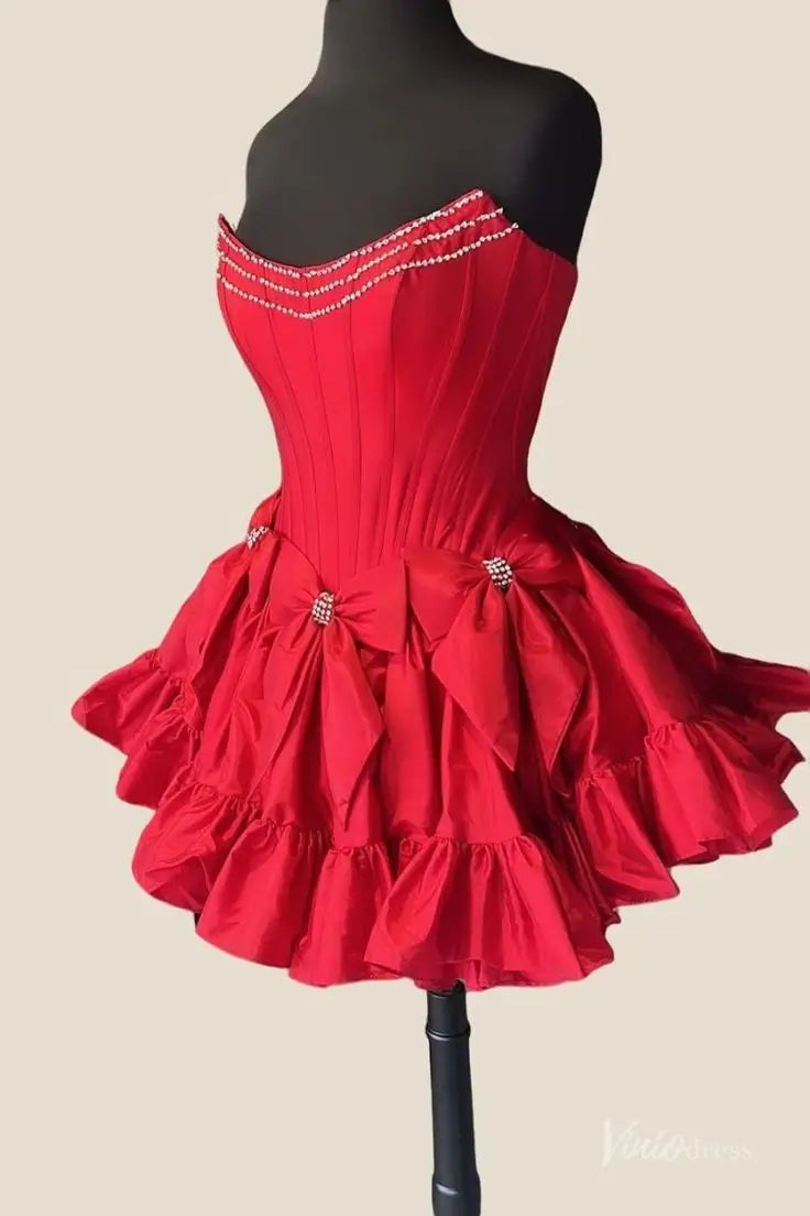 Chic Strapless Mini Homecoming Dress with Rhinestone Satin Bows, Fitted Corset Bodice, and Ruffle Hem – H1141-Homecoming Dresses 2025 -Viniodress-Red-Custom Size-