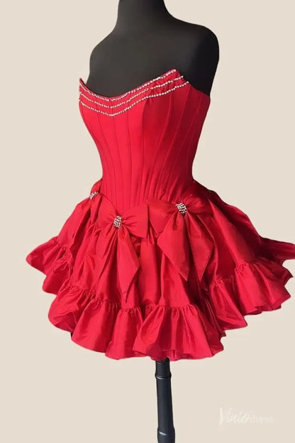 Chic Strapless Mini Homecoming Dress with Rhinestone Satin Bows, Fitted Corset Bodice, and Ruffle Hem – H1141-Homecoming Dresses 2025 -Viniodress-Red-Custom Size-