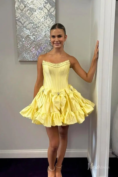 Chic Strapless Mini Homecoming Dress with Rhinestone Satin Bows, Fitted Corset Bodice, and Ruffle Hem – H1141-Homecoming Dresses 2025 -Viniodress-Yellow-Custom Size-