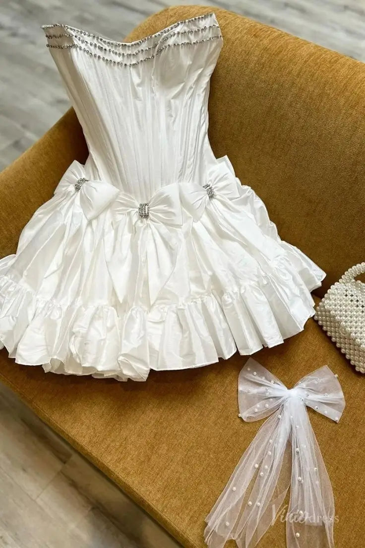 Chic Strapless Mini Homecoming Dress with Rhinestone Satin Bows, Fitted Corset Bodice, and Ruffle Hem – H1141-Homecoming Dresses 2025 -Viniodress-Pink-Custom Size-