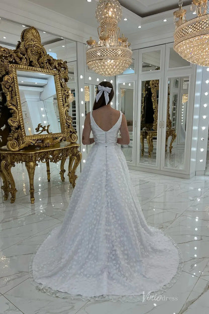Chic White Floral Appliqué A-Line Wedding Dress with Square Neckline, Bow Waist & High Slit – LA143-wedding dresses 2025 -Viniodress-White-Custom Size-