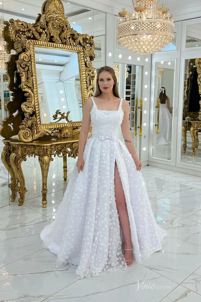 Chic White Floral Appliqué A-Line Wedding Dress with Square Neckline, Bow Waist & High Slit – LA143-wedding dresses 2025 -Viniodress-White-Custom Size-