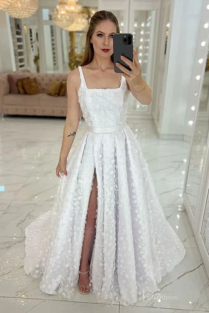 Chic White Floral Appliqué A-Line Wedding Dress with Square Neckline, Bow Waist & High Slit – LA143-wedding dresses 2025 -Viniodress-White-Custom Size-
