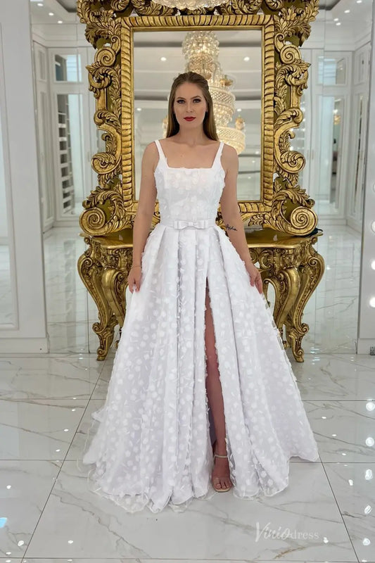 Chic White Floral Appliqué A-Line Wedding Dress with Square Neckline, Bow Waist & High Slit – LA143-wedding dresses 2025 -Viniodress-White-Custom Size-