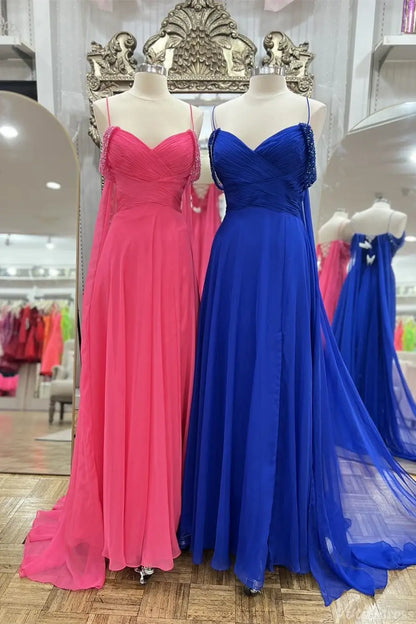 Chiffon A-Line Evening Dress with Pleated Bodice, Beaded Off-Shoulder Straps & Flowing Train – AE1006-formal dresses 2025 -Viniodress-Pink-Custom Size-