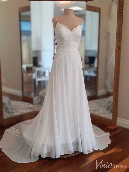 Chiffon A-Line Wedding Dress with Lace Bodice and Low Back – VW2561-wedding dresses 2025 -Viniodress-White-Custom Size-