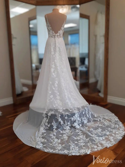 Chiffon A-Line Wedding Dress with Lace Bodice and Low Back – VW2561-wedding dresses 2025 -Viniodress-White-Custom Size-