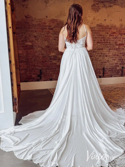 Chiffon A-Line Wedding Dress with Lace Bodice, Spaghetti Straps, and Chapel Train – VW2611-wedding dresses 2025 -Viniodress-Ivory-Custom Size-