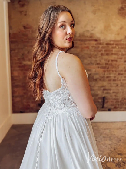 Chiffon A-Line Wedding Dress with Lace Bodice, Spaghetti Straps, and Chapel Train – VW2611-wedding dresses 2025 -Viniodress-Ivory-Custom Size-