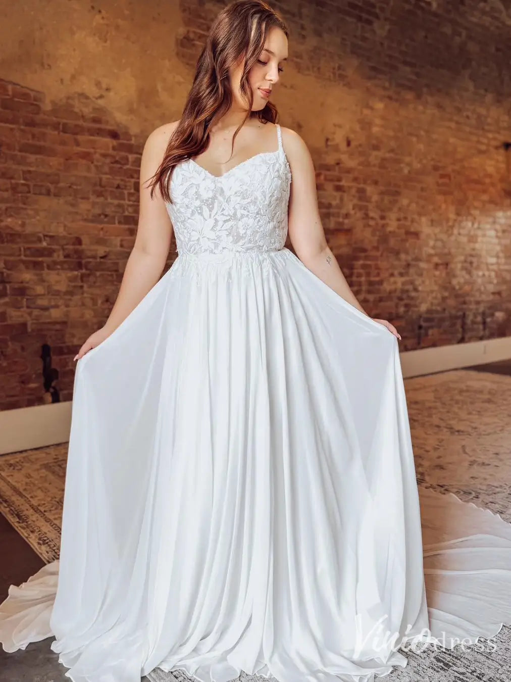 Chiffon A-Line Wedding Dress with Lace Bodice, Spaghetti Straps, and Chapel Train – VW2611-wedding dresses 2025 -Viniodress-Ivory-Custom Size-